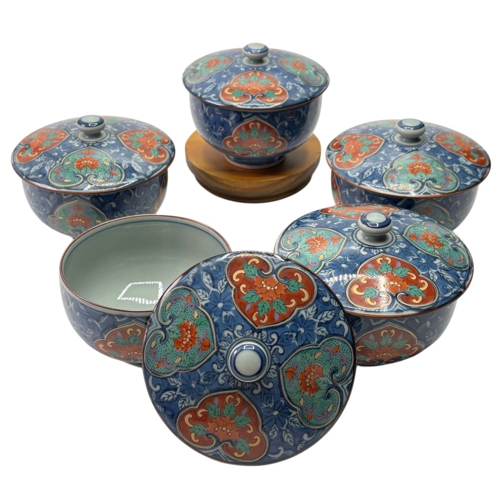 Set of 5 Japanese Arita Ware Lidded Multi-Colored Teacups Blues, Red, and Green
